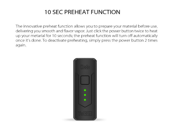 An advertisement for the Yocan Kodo Battery, featuring a 10 sec preheat function.