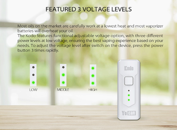 A Yocan Kodo Battery device with three voltage levels.