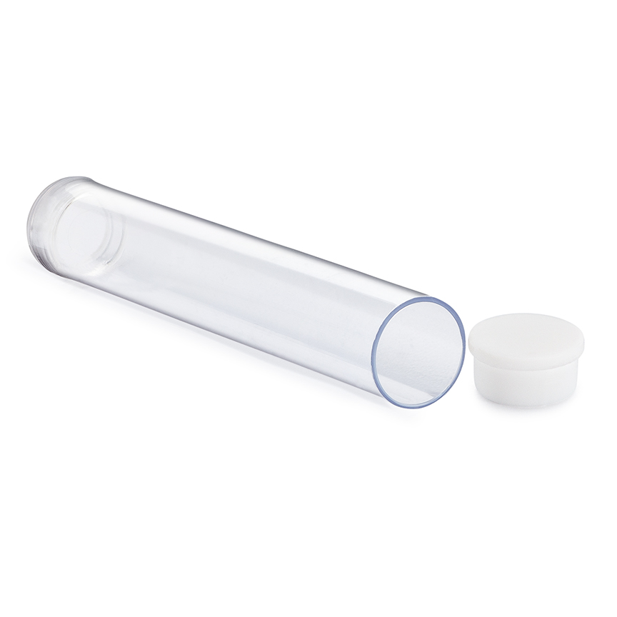 A clear PVC Packing Tube with a white lid.