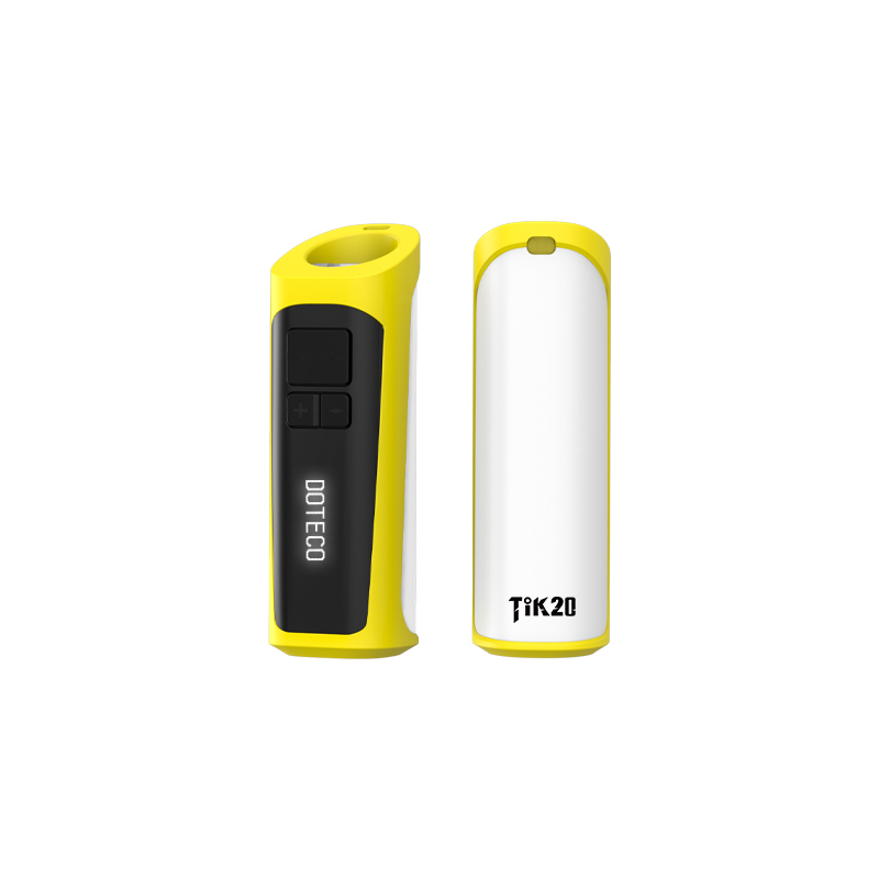 A yellow and black TIK20 Battery - OLED screen power bank with an OLED screen next to each other.