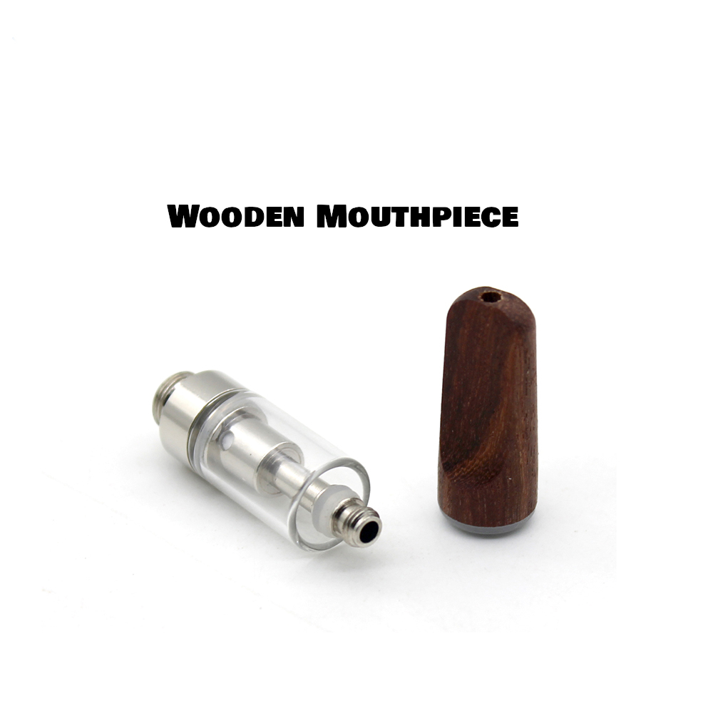 A V4 - Wood Tip - 1ml mouthpiece and a V4 - Wood Tip - 1ml atomizer for a 1ml wood tip vape cart.