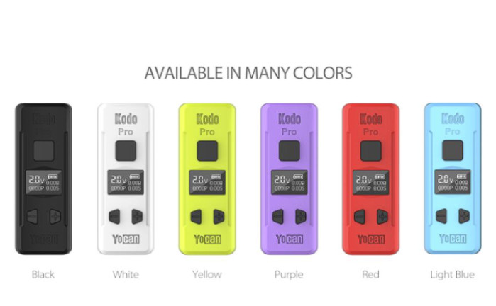 A variety of different colored electronic devices, including the Yocan Kodo Pro Battery, are shown.