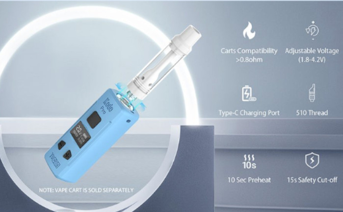 A Yocan Kodo Pro Battery in blue with a blue light.