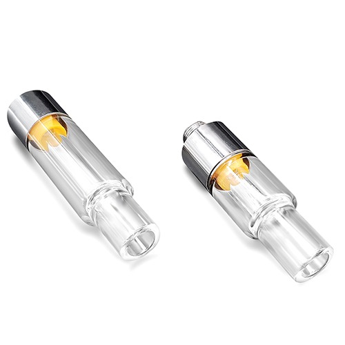 Two clear all glass vape carts on a white background.
