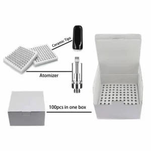 An empty white box containing 510 cartridges and an atomizer.