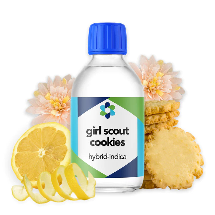 A bottle of Girl Scout Cookies Terpenes infused with lemon slices and flowers.