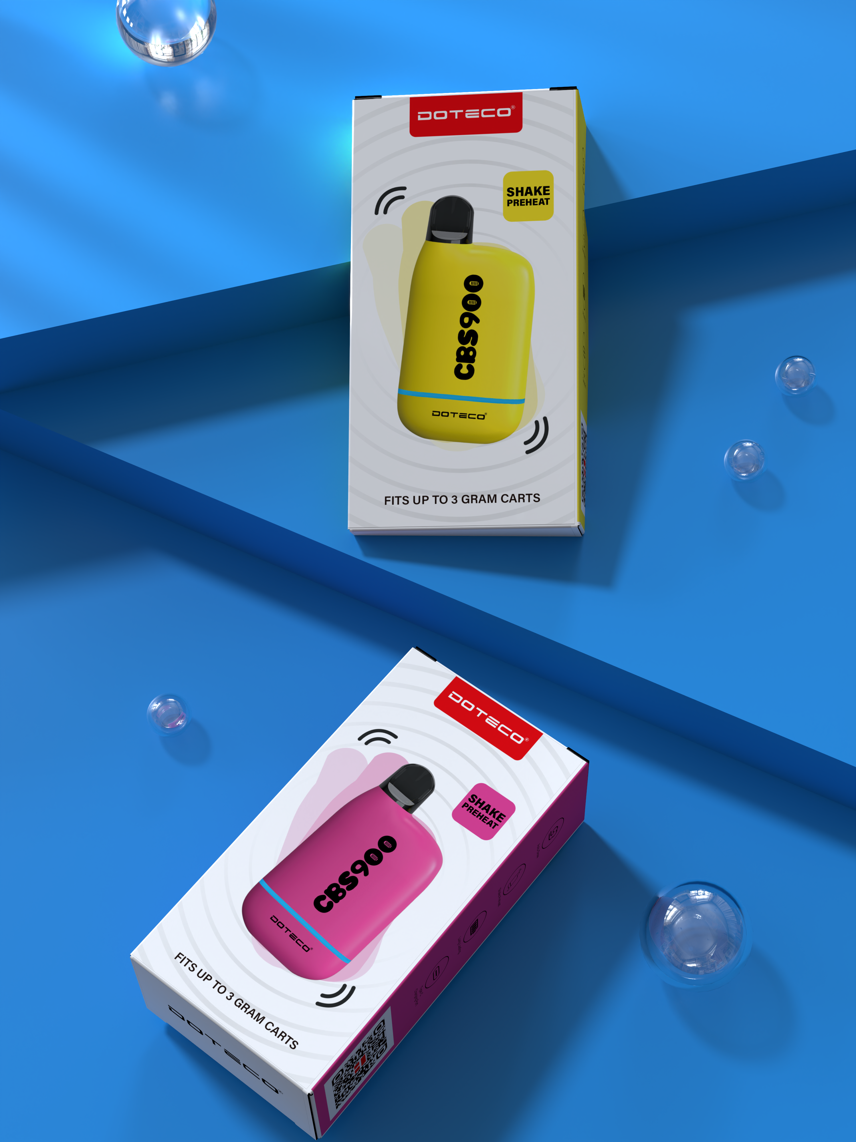 A pink and yellow e-cig in a box with a CBS900 Battery next to it.